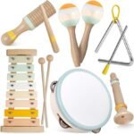 Baby Musical Instruments-Montessori Wooden Toys for Toddlers 1-3,Neutral Colors Percussion Instruments Set with Modern Boho Xylophone for Kids Preschool Educational 3+