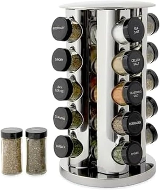 71AiuQKcleL._AC_SX679_.jpg Kamenstein 20 Jar Revolving Countertop Spice Rack with Spices Included, FREE Spice Refills for 5 Years, Polished Stainless Steel with Black Caps, 30020 - Image 1