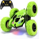 Threeking Remote Control Car RC Flip Stunt Double Sided Driving Cars Toys for Boys Girls Ages 6-12, 4WD 360° Flips with Breathing Soft Lights, Presents Gifts, Green